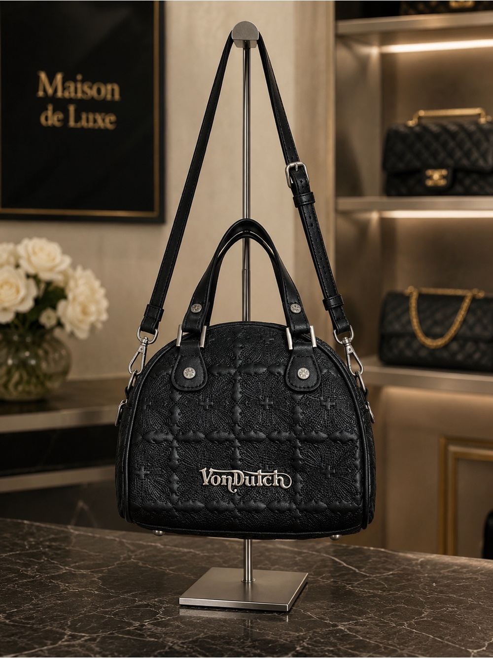 Von Dutch Black Chopper Quilted Satchel Crossbody Bag